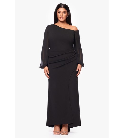 NEW Betsy & Adam BLACK Plus Size DONNA Off The Shoulder ILLUSION SLEEVE GOWN 20W - Picture 6 of 13